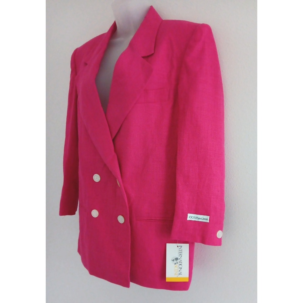 80s Vintage International Scene Hot‎ Pink Linen Blazer Sz 6 Double-Breasted Work - Picture 3 of 13